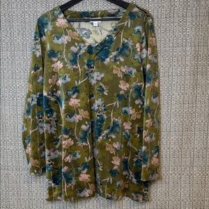 J.Jill Pure Jill Women’s Printed Velour V-Neck Tunic Top – Floral Green – Size M